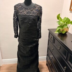 Alex Evenings Black Lace Long Sleeve Ruched Evening Gown